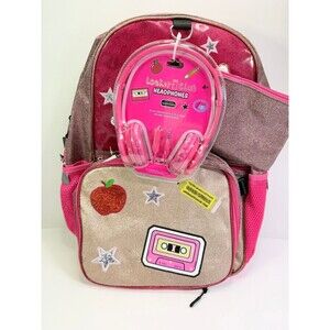 New Locker Club Pink Sequin Backpack Lunch Box Pencil Case Headphones Set